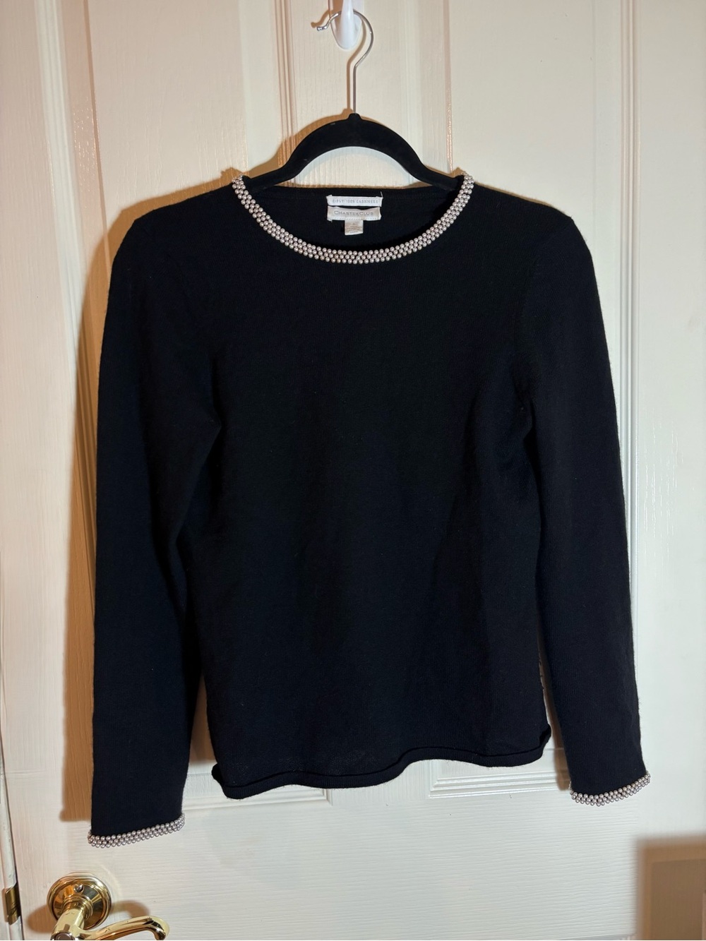 Charter Club Black 100% Cashmere Crewneck Sweater with Crystal Trim